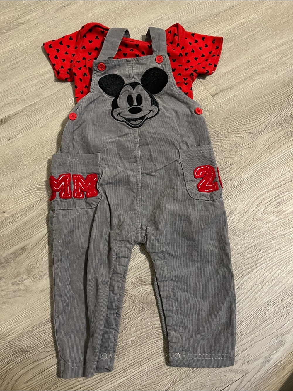 Disney Gray Corduroy Mickey Overalls with Red Tee & Patches